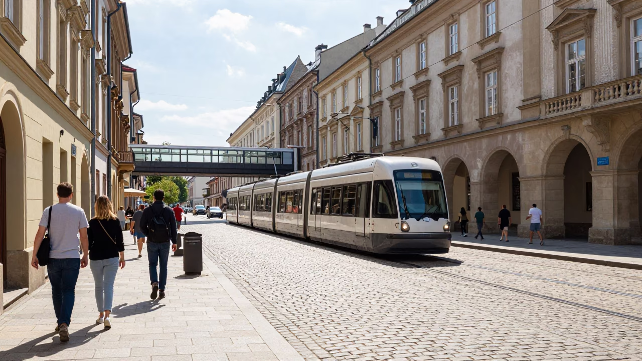 Bright Midmorning Street Scene in Krakow Poland with Monorail Overhead in in Krakow, Poland