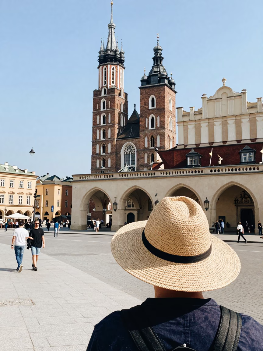 Bright Midmorning Street Scene in Krakow Poland with Straw Hat and Local Market Activity in in Krakow, Poland