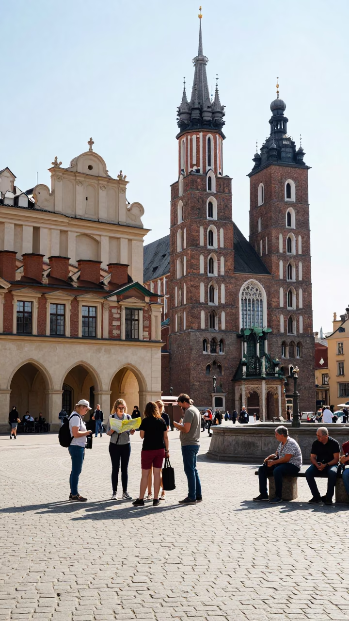 Bright Midmorning Street Scene in Krakow Poland with Tourists and Historic Architecture in in Krakow, Poland