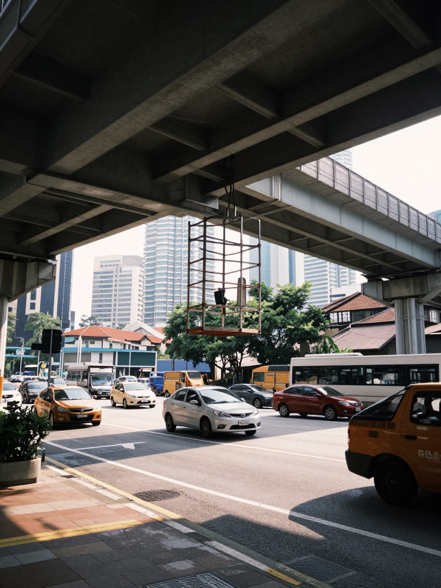 Bright Midmorning Street Scene in Kuala Lumpur Malaysia with Bridge Maintenance Cage in in Kuala Lumpur, Malaysia
