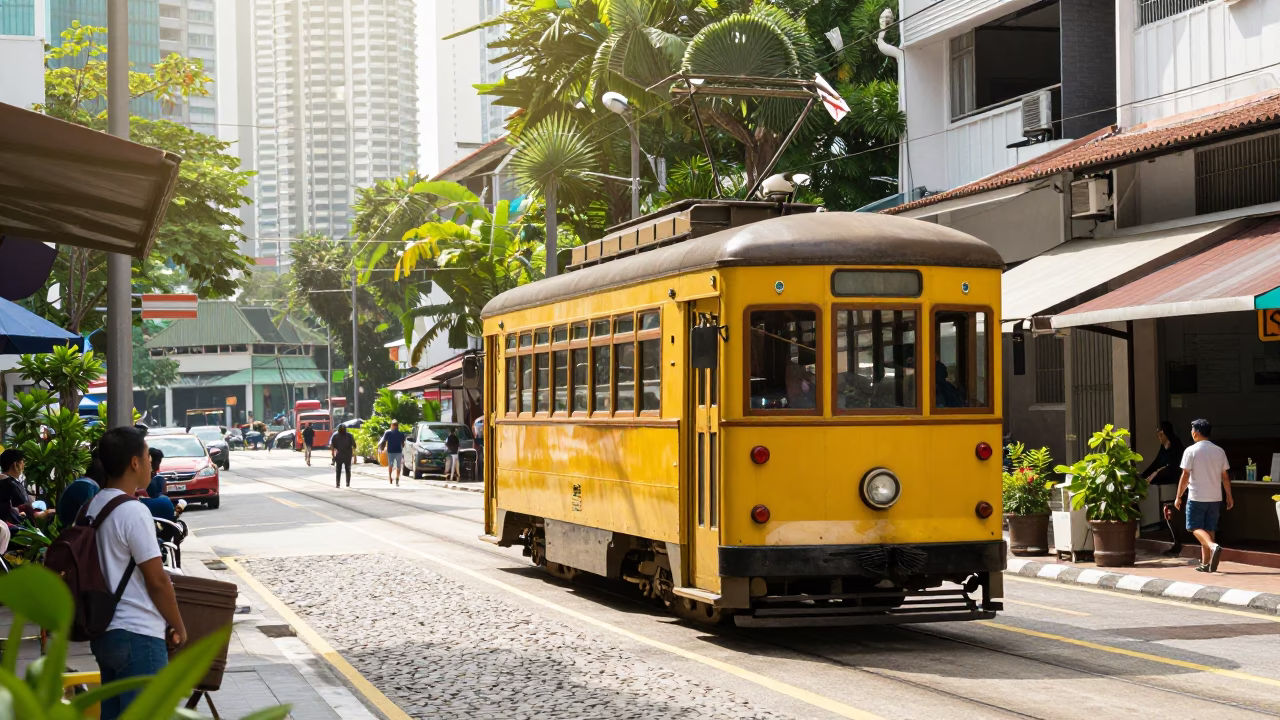 Bright Midmorning Street Scene in Kuala Lumpur Malaysia with Heritage Tram and Wicker Shadows in in Kuala Lumpur, Malaysia
