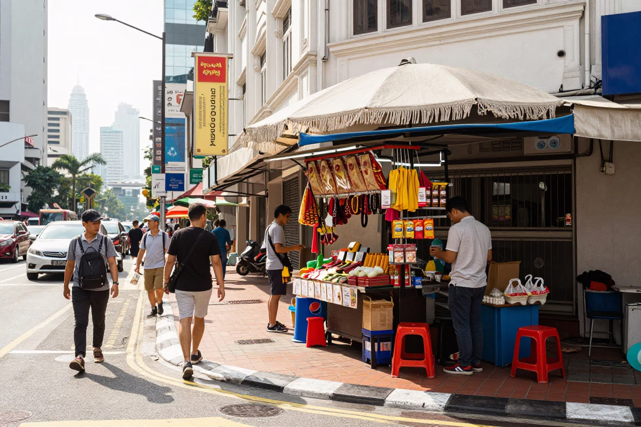Bright Midmorning Street Scene in Kuala Lumpur Malaysia with Linen Fringe Detail in in Kuala Lumpur, Malaysia
