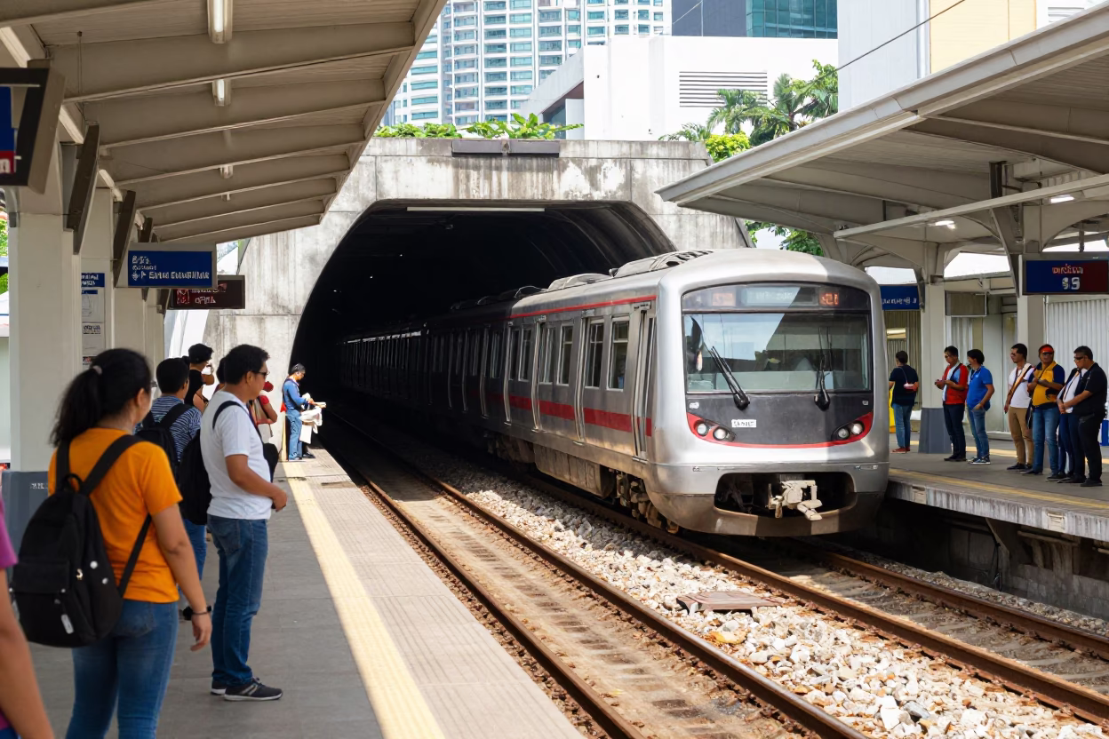 Bright Midmorning Street Scene in Kuala Lumpur Malaysia with Metro Train Emerging from Tunnel in in Kuala Lumpur, Malaysia