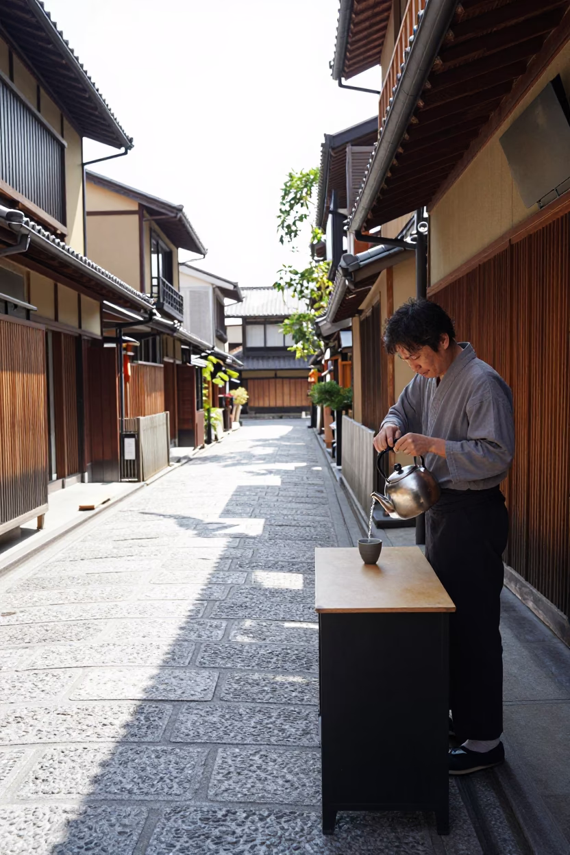 Bright Midmorning Street Scene in Kyoto Japan with Traditional Tea Kettle and Wooden Cup in in Kyoto, Japan