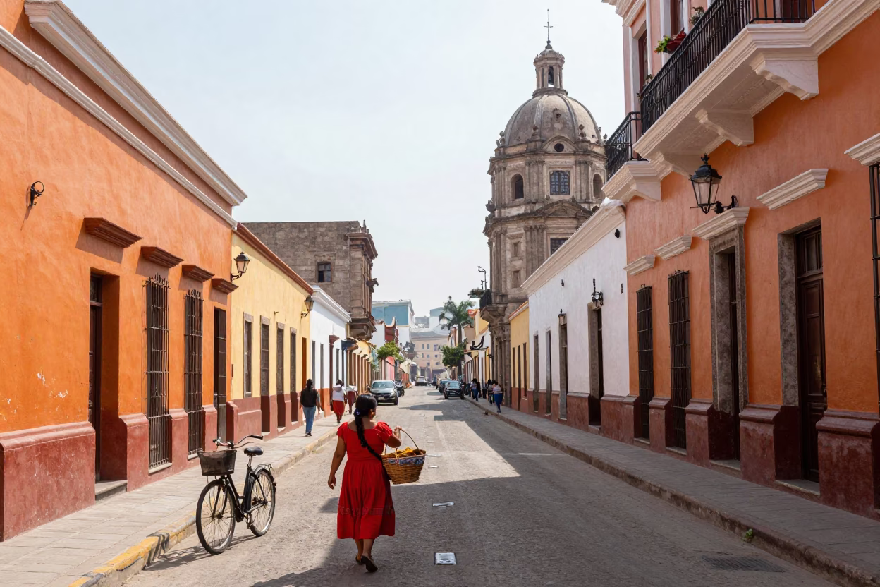 Bright Midmorning Street Scene in Lima Peru with Colorful Architecture and Local Life in in Lima, Peru