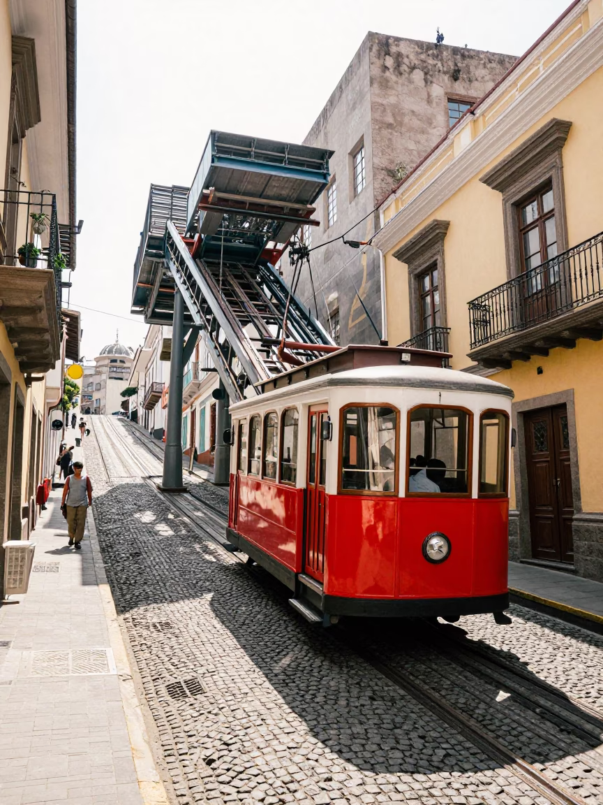 Bright Midmorning Street Scene in Lima Peru with Colorful Funicular Climbing Steep Hillside in in Lima, Peru