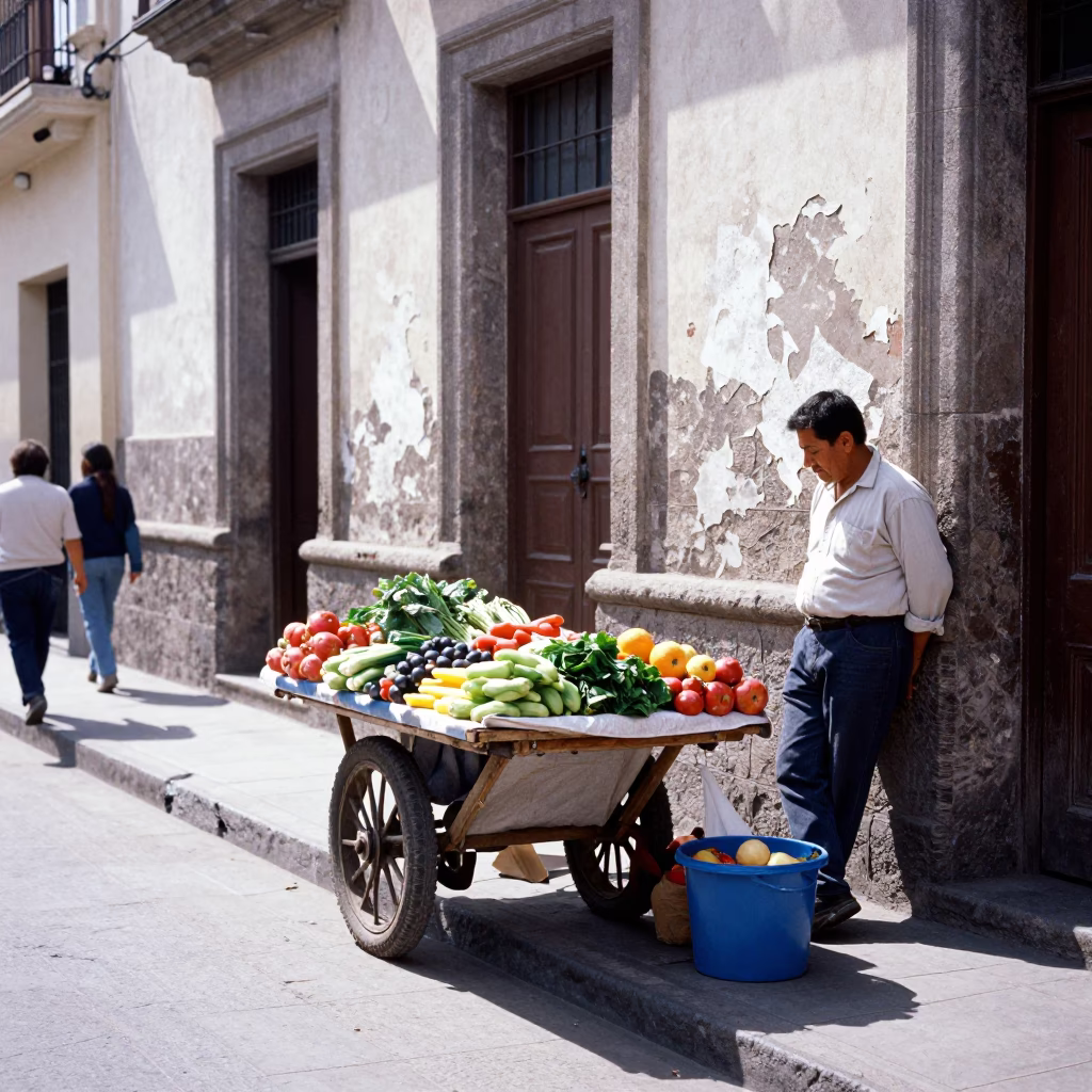 Bright Midmorning Street Scene in Lima Peru with Local Vendor and Everyday Objects in in Lima, Peru