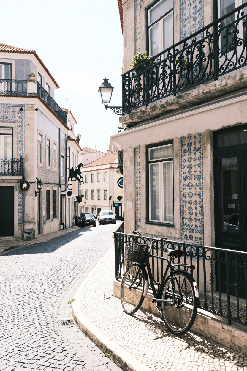Bright Midmorning Street Scene in Lisbon Portugal with Bicycle Leaning Against Traditional Cafe in in Lisbon, Portugal