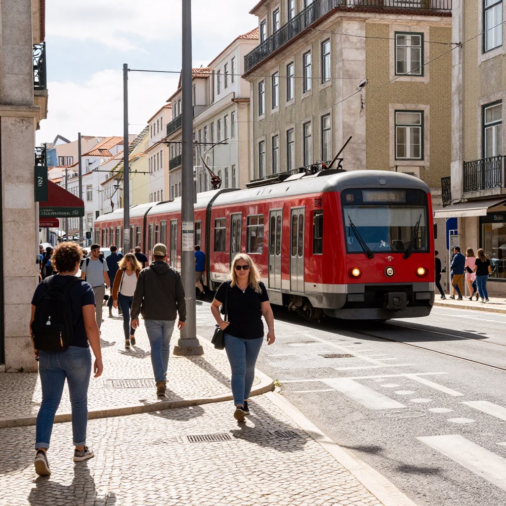 Bright Midmorning Street Scene in Lisbon Portugal with Commuter Train and Local Life in in Lisbon, Portugal