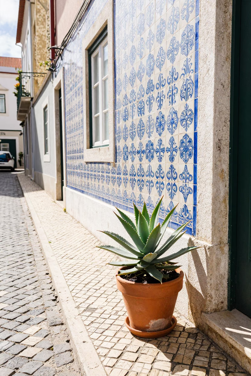 Bright Midmorning Street Scene in Lisbon Portugal with Echeveria and Vintage Details in in Lisbon, Portugal