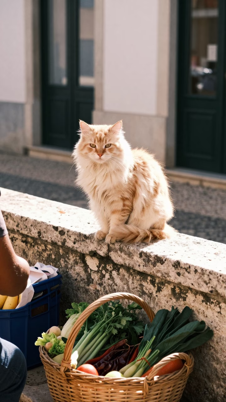 Bright Midmorning Street Scene in Lisbon Portugal with Highland Cat and Local Basket in in Lisbon, Portugal