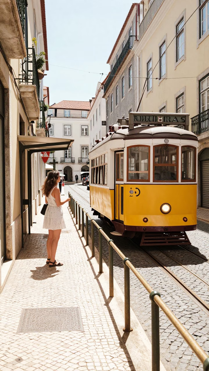 Bright Midmorning Street Scene in Lisbon Portugal with Tram and Cobblestones in in Lisbon, Portugal