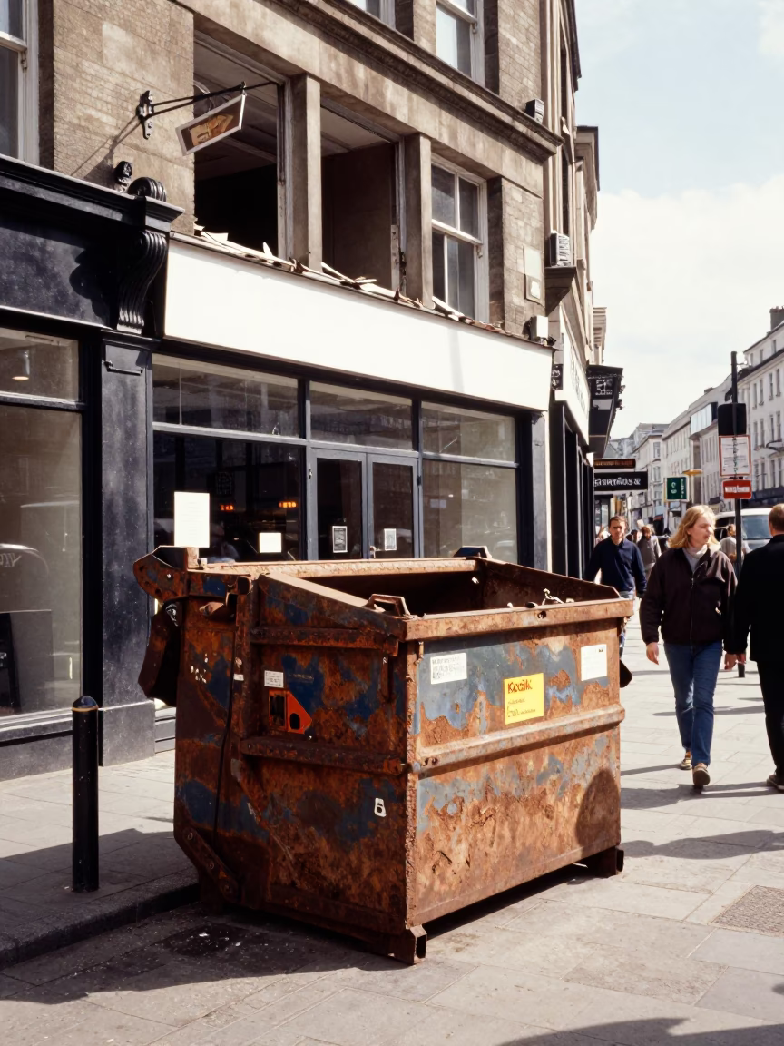Bright Midmorning Street Scene in Liverpool UK with Demolition Dumpster and Vintage Storefront in in Liverpool, United Kingdom