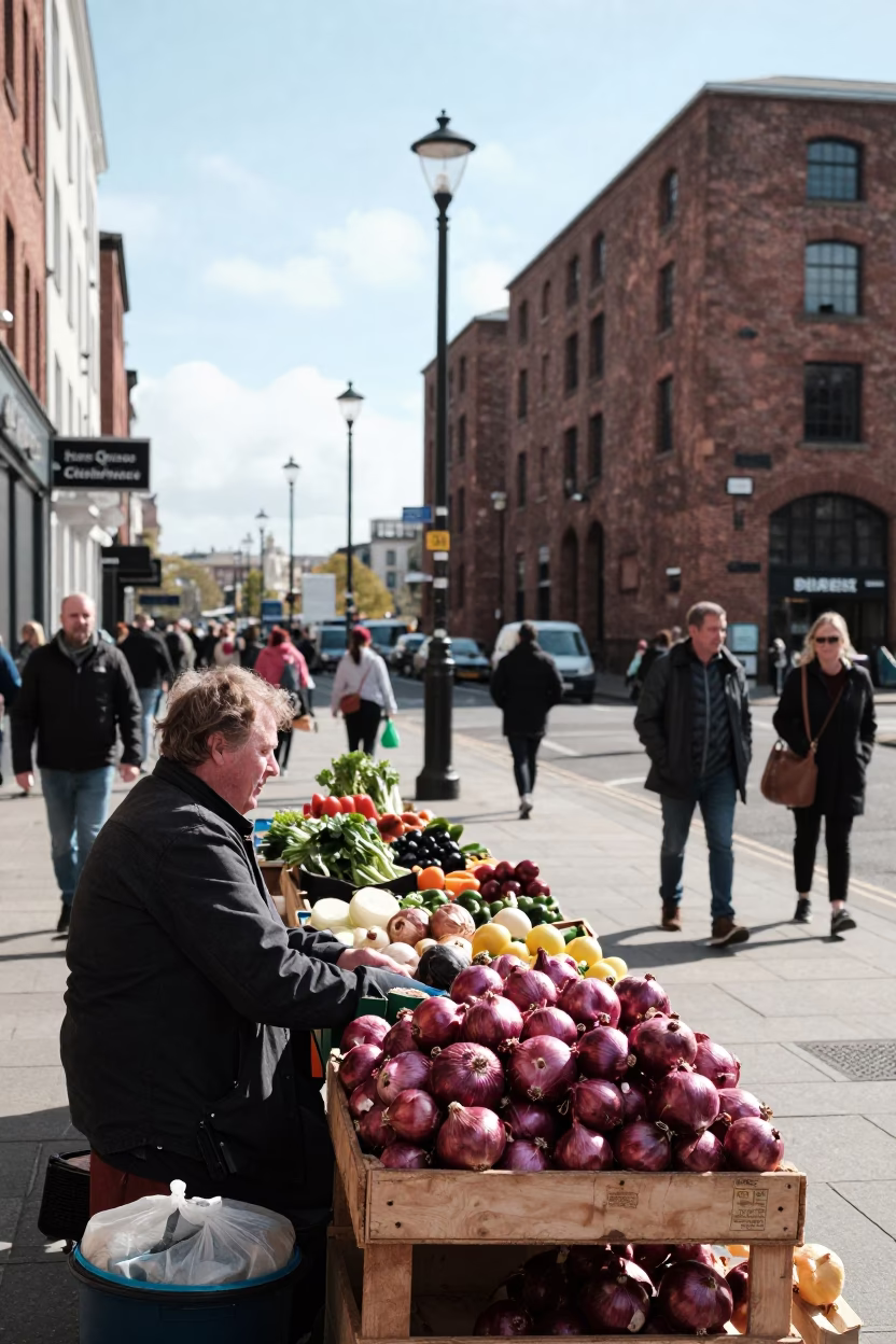 Bright Midmorning Street Scene in Liverpool United Kingdom with Local Market Details in in Liverpool, United Kingdom