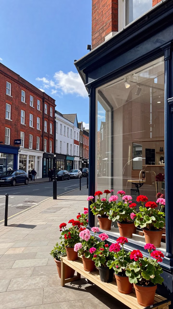 Bright Midmorning Street Scene in Liverpool United Kingdom with Potted Geraniums and Urban Activity in in Liverpool, United Kingdom
