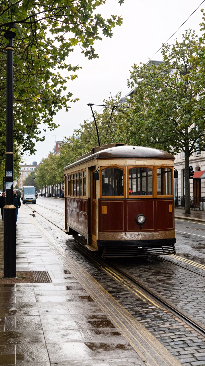 Bright Midmorning Street Scene in Liverpool United Kingdom with Vintage Trolley and Cobblestone Avenue in in Liverpool, United Kingdom