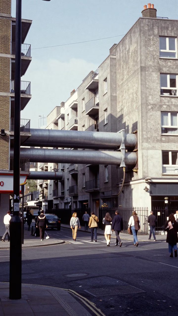 Bright Midmorning Street Scene in London UK with District Heating Pipes and Urban Life in in London, United Kingdom