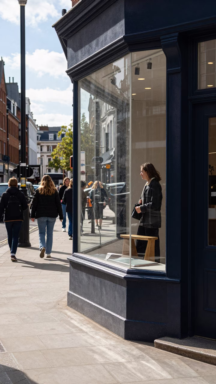 Bright Midmorning Street Scene in London United Kingdom with Clear Glass Window Reflections in in London, United Kingdom