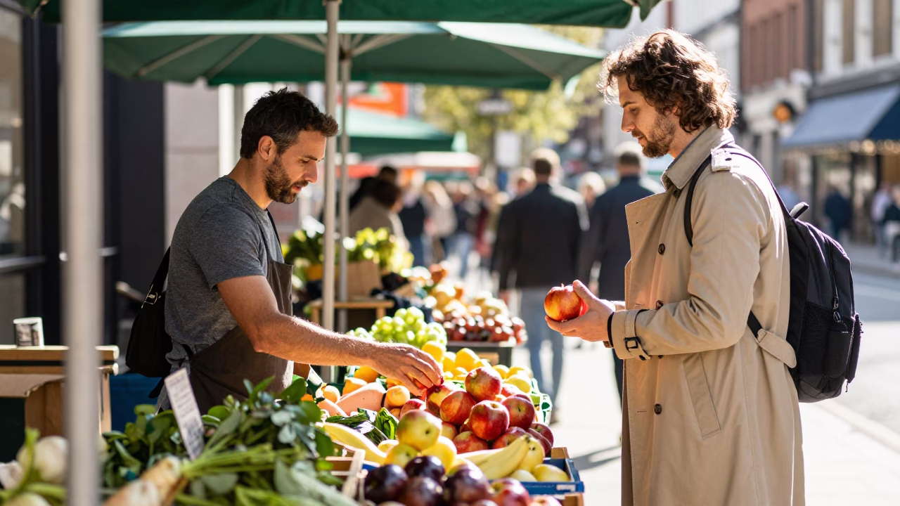 Bright Midmorning Street Scene in London United Kingdom with Local Market Details in in London, United Kingdom