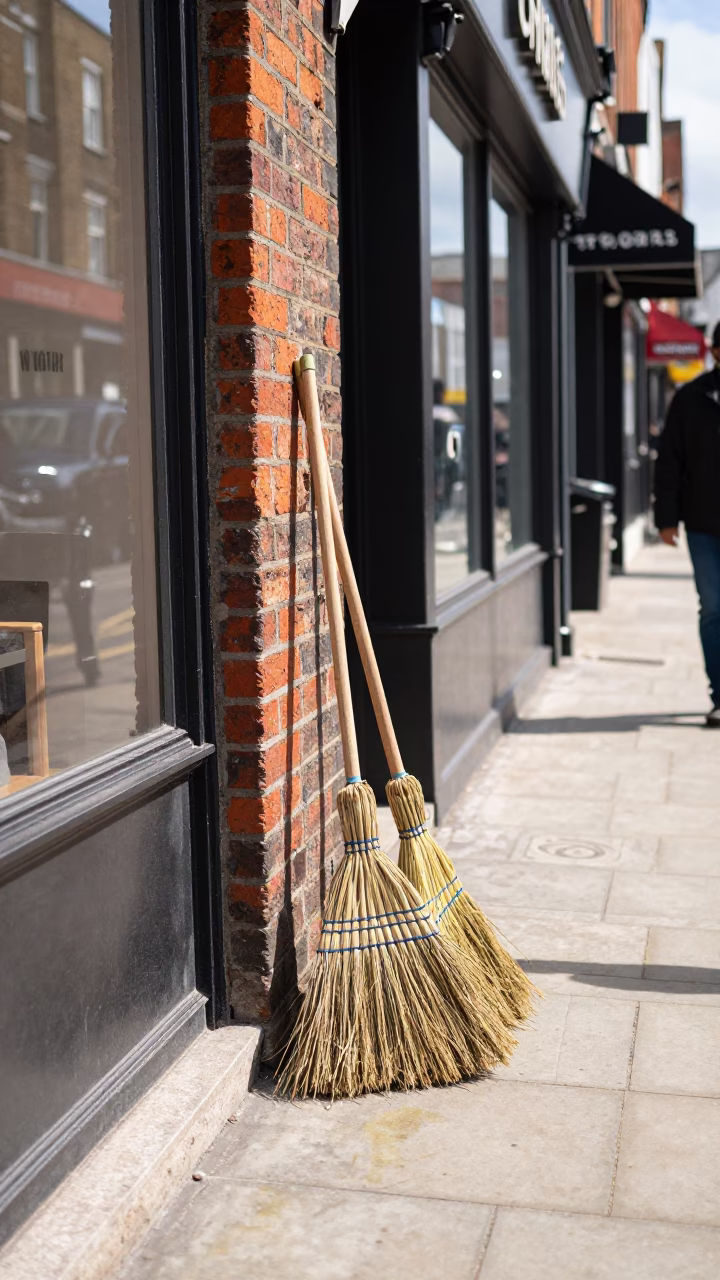 Bright Midmorning Street Scene in London United Kingdom with Traditional Brooms and Cobblestone Sidewalk in in London, United Kingdom