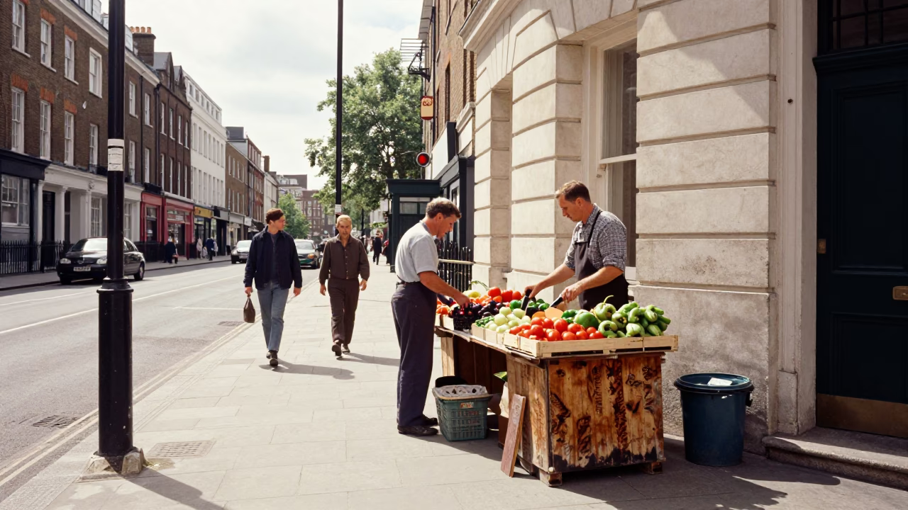 Bright Midmorning Street Scene in London United Kingdom with Vintage 1960s Atmosphere in in London, United Kingdom