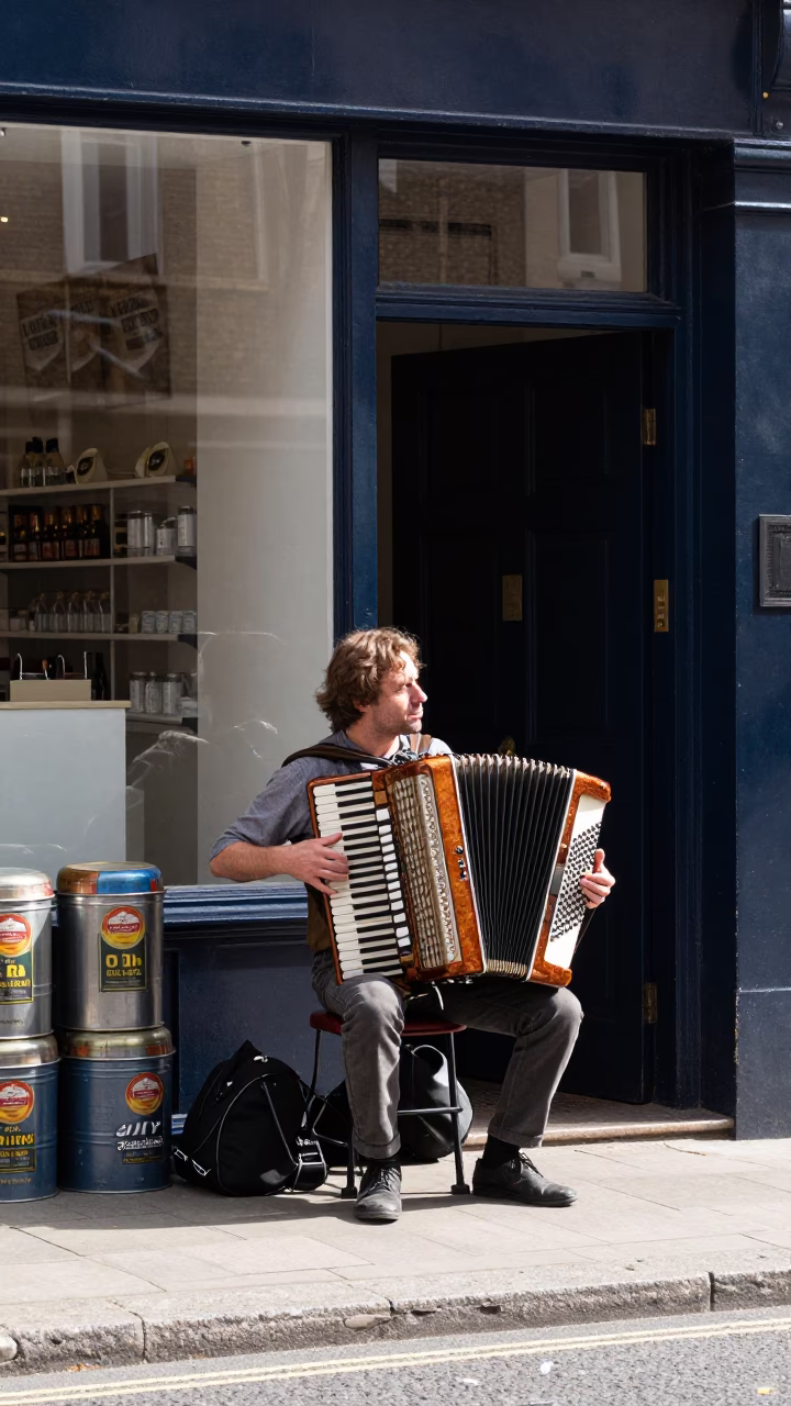 Bright Midmorning Street Scene in London United Kingdom with Vintage Accordion and Storage Tins in in London, United Kingdom