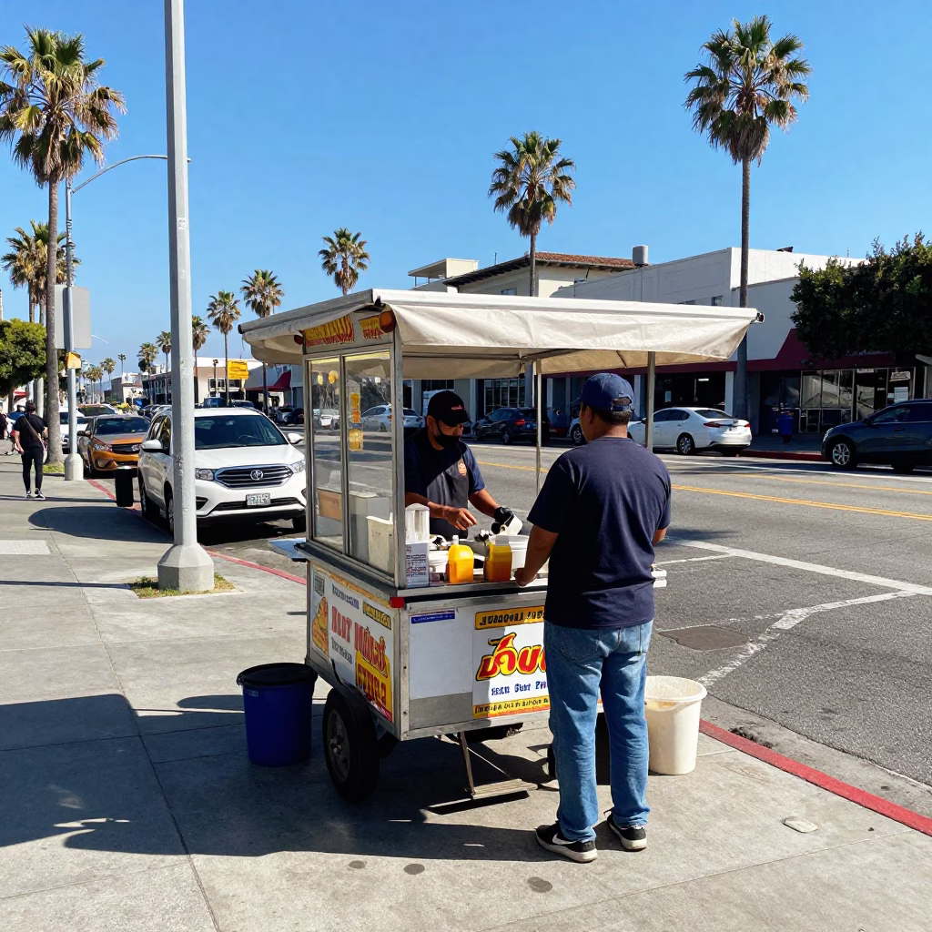 Bright Midmorning Street Scene in Los Angeles California with Casual Food Vendor in in Los Angeles, California, United States