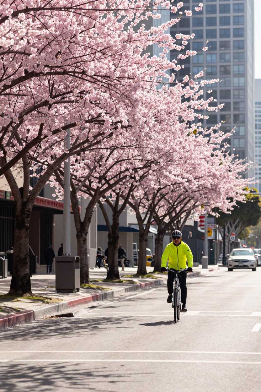 Bright Midmorning Street Scene in Los Angeles with Cherry Trees and Canal in in Los Angeles, California, United States
