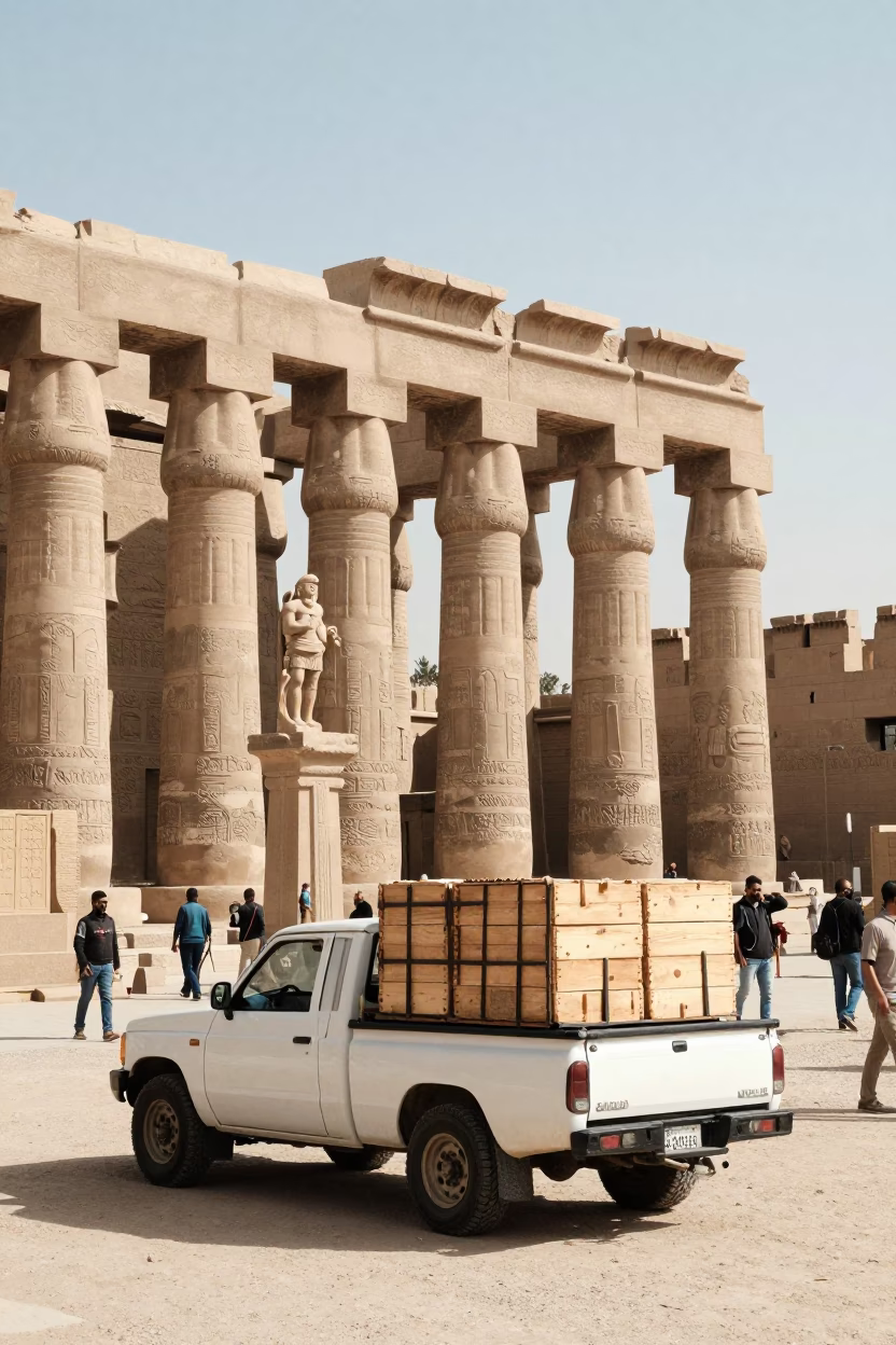 Bright Midmorning Street Scene in Luxor Egypt with Ancient Temple Columns and Local Commerce in in Luxor, Egypt