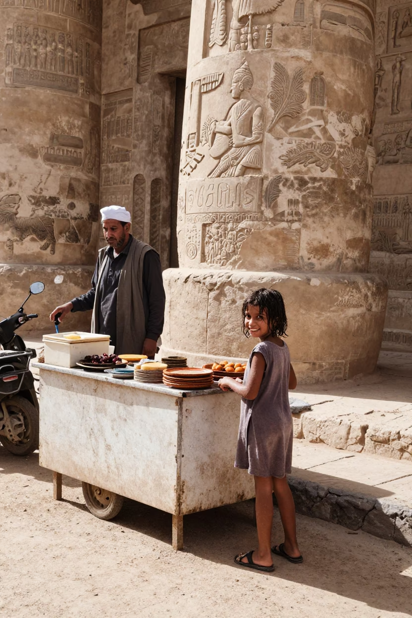 Bright Midmorning Street Scene in Luxor Egypt with Local Vendor and Stone Architecture in in Luxor, Egypt