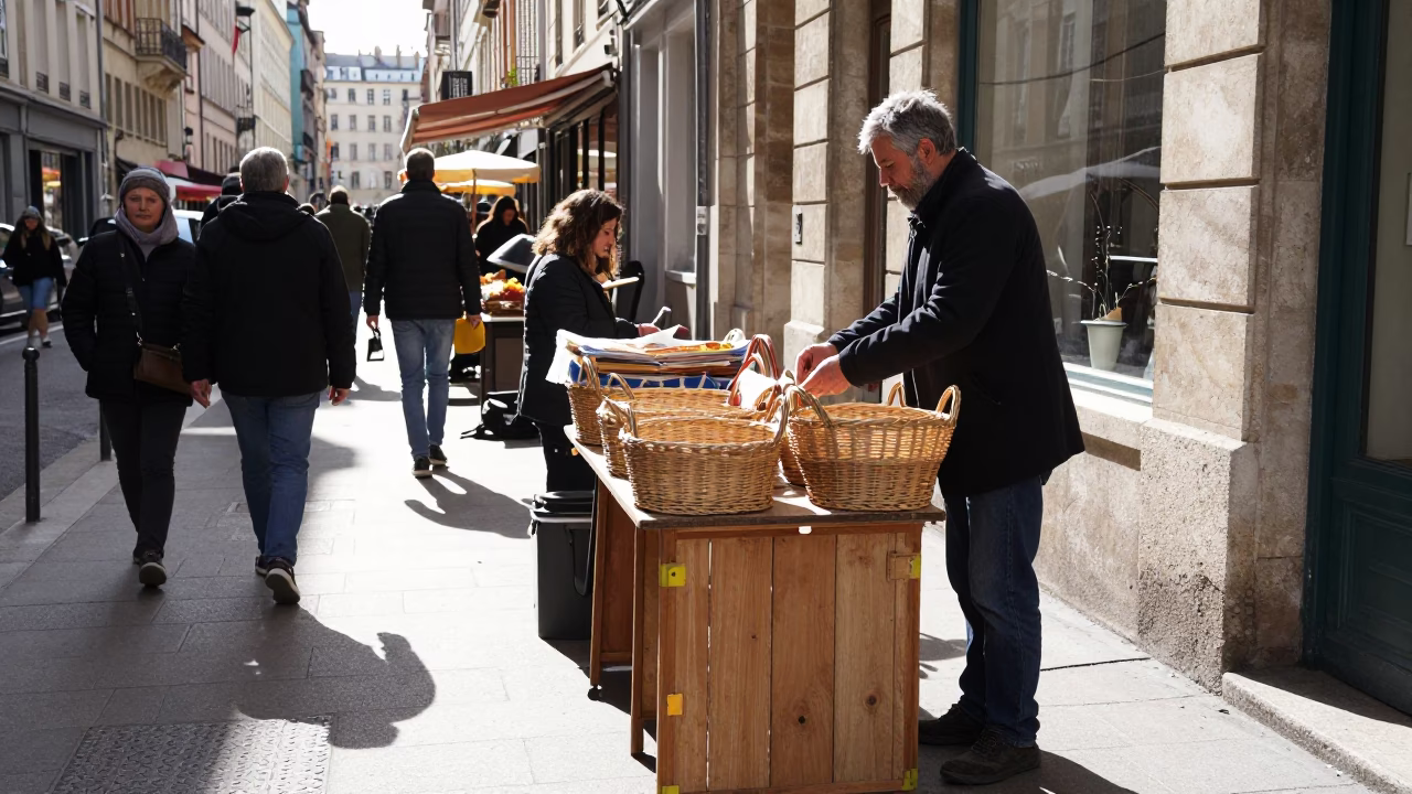 Bright Midmorning Street Scene in Lyon France with Basket Tray and Morning Glory in in Lyon, France