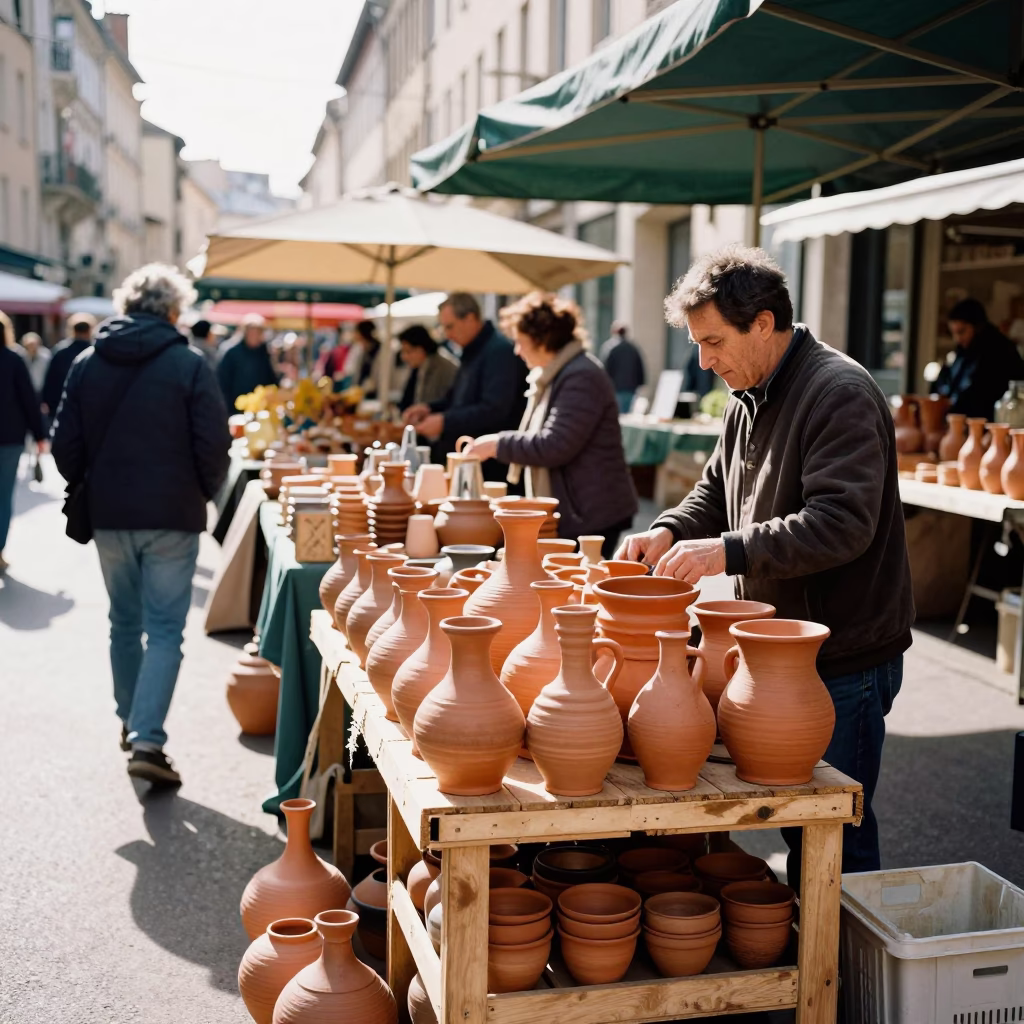 Bright Midmorning Street Scene in Lyon France with Ceramic Pottery and Cooking Pot in in Lyon, France