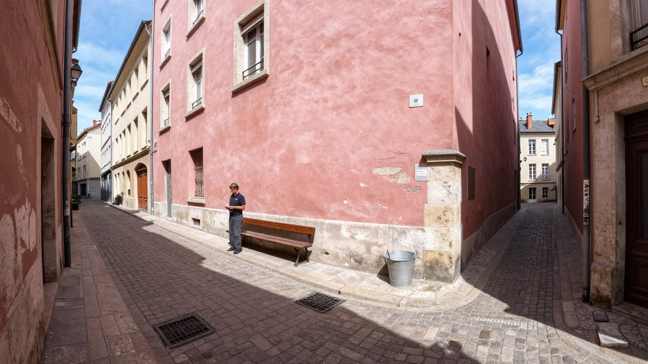 Bright Midmorning Street Scene in Lyon France with Metal Bucket and Wicker Shadow in in Lyon, France