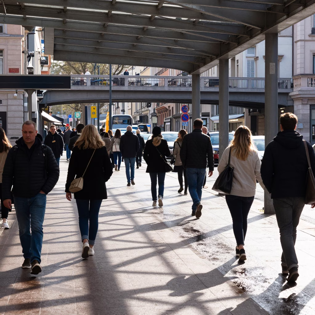Bright Midmorning Street Scene in Lyon France with Pedestrian Overpass and Casual Passersby in in Lyon, France