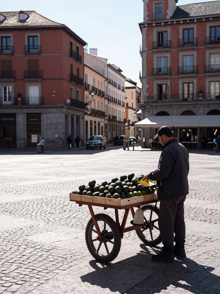 Bright Midmorning Street Scene in Madrid Spain with Avocados and Daily Life in in Madrid, Spain