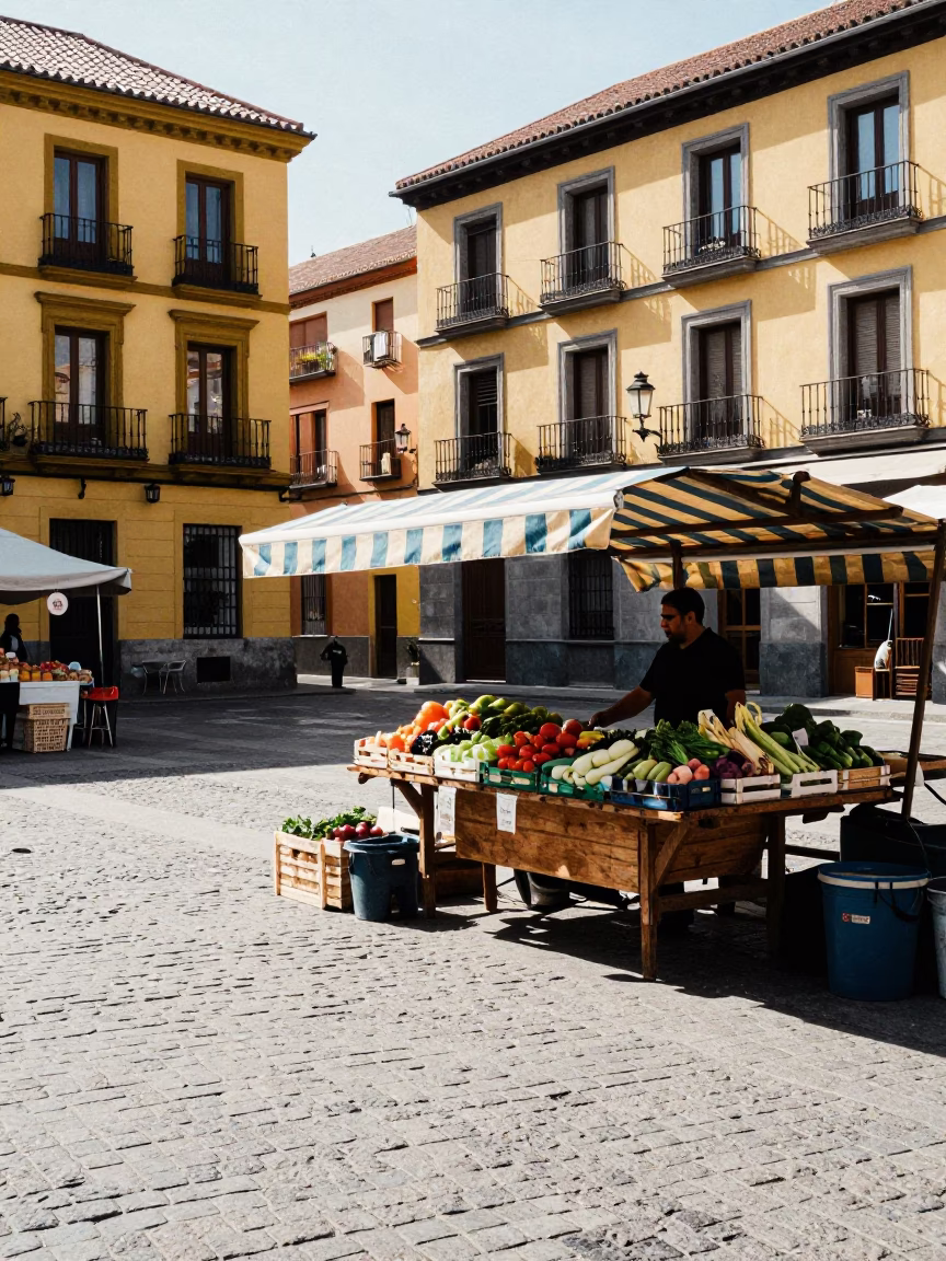 Bright Midmorning Street Scene in Madrid Spain with Local Market Details in in Madrid, Spain