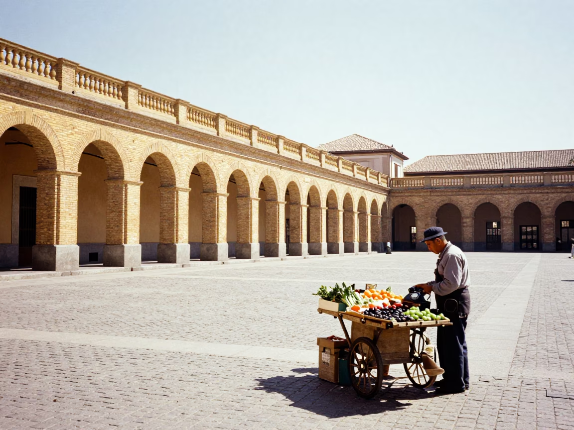 Bright Midmorning Street Scene in Madrid Spain with Vintage Bakelite Telephone and Clay Pot in in Madrid, Spain
