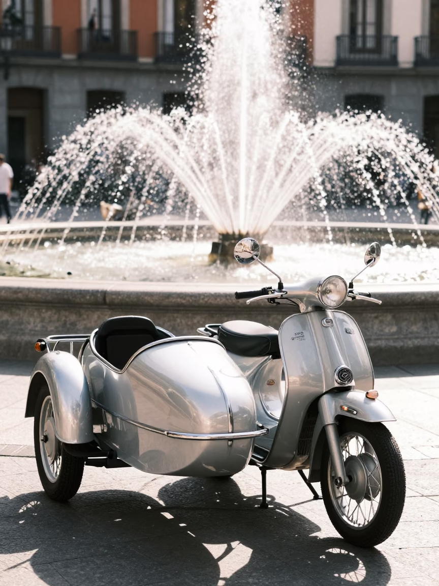 Bright Midmorning Street Scene in Madrid Spain with Vintage Motorcycle and Fountain in in Madrid, Spain
