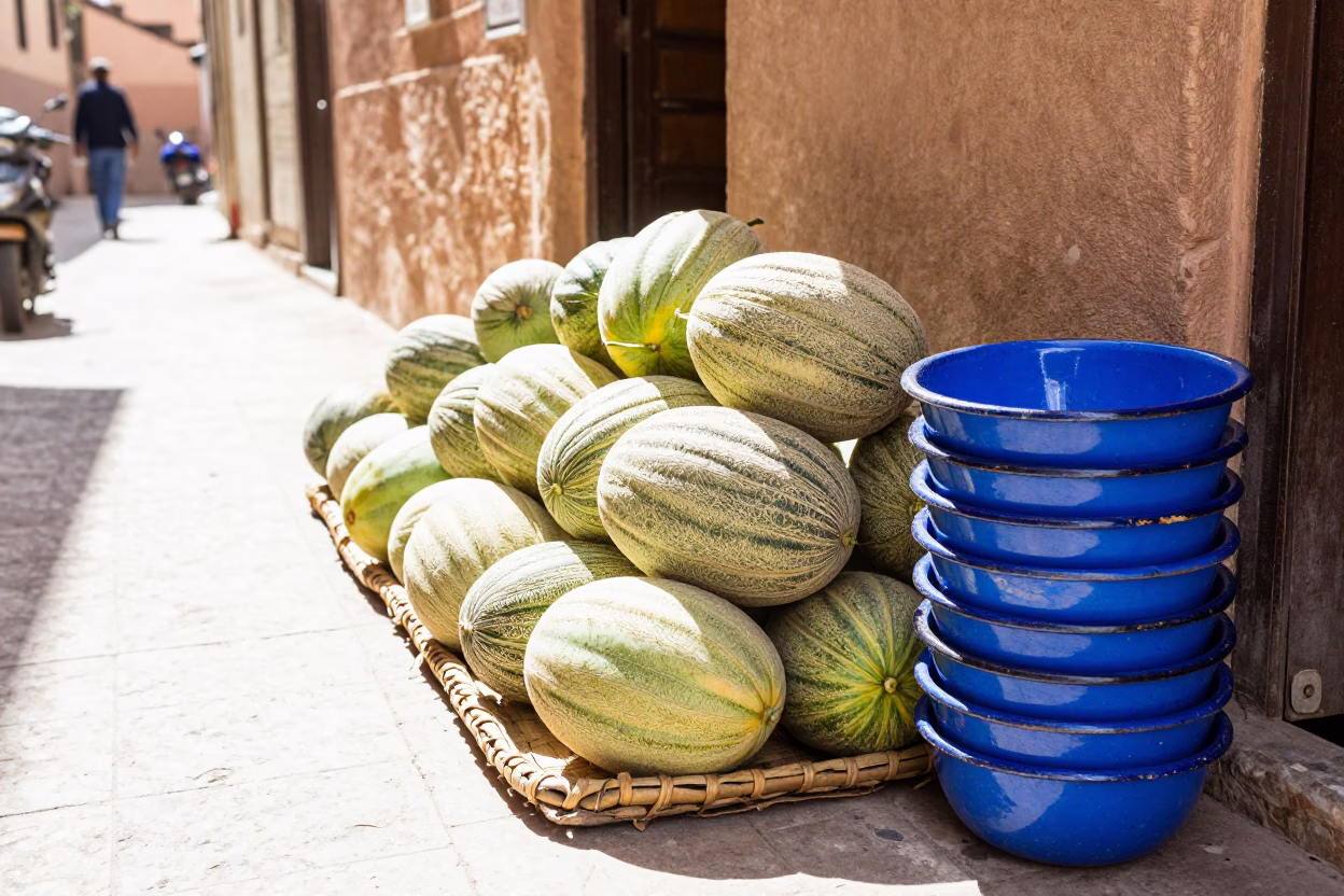 Bright Midmorning Street Scene in Marrakech Morocco Featuring Melons and Enamel Bowls in in Marrakech, Morocco