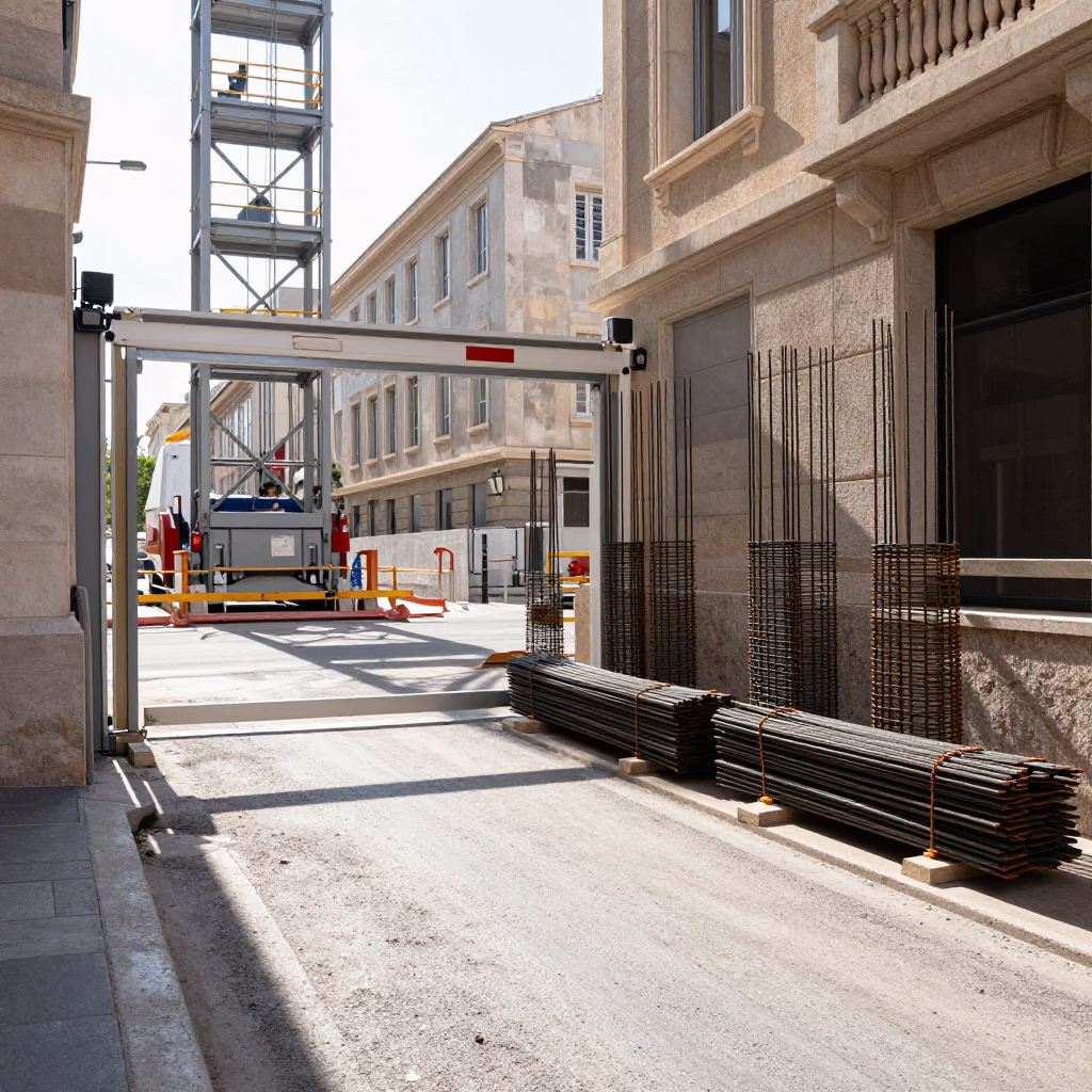 Bright Midmorning Street Scene in Marseille France with Construction Elevator Gate and Rebar Bundles in in Marseille, France