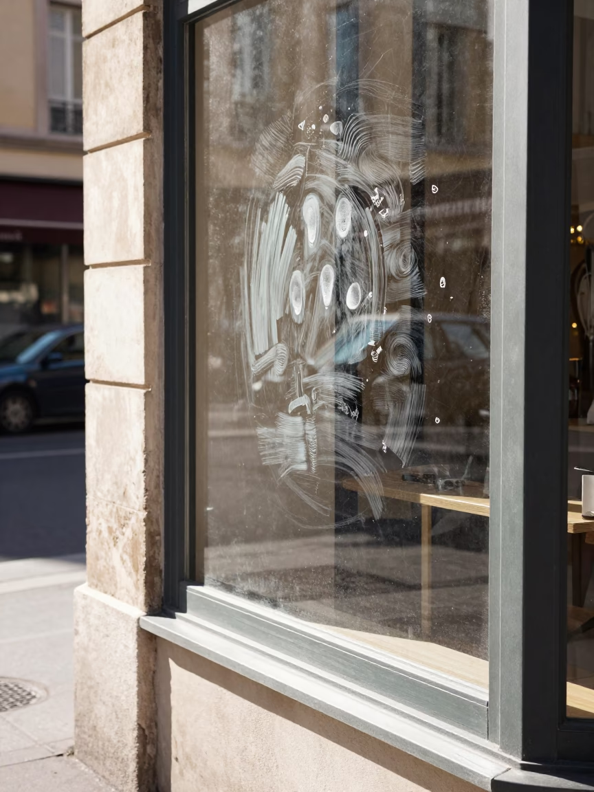 Bright Midmorning Street Scene in Marseille France with Fingerprints on Window Glass in in Marseille, France