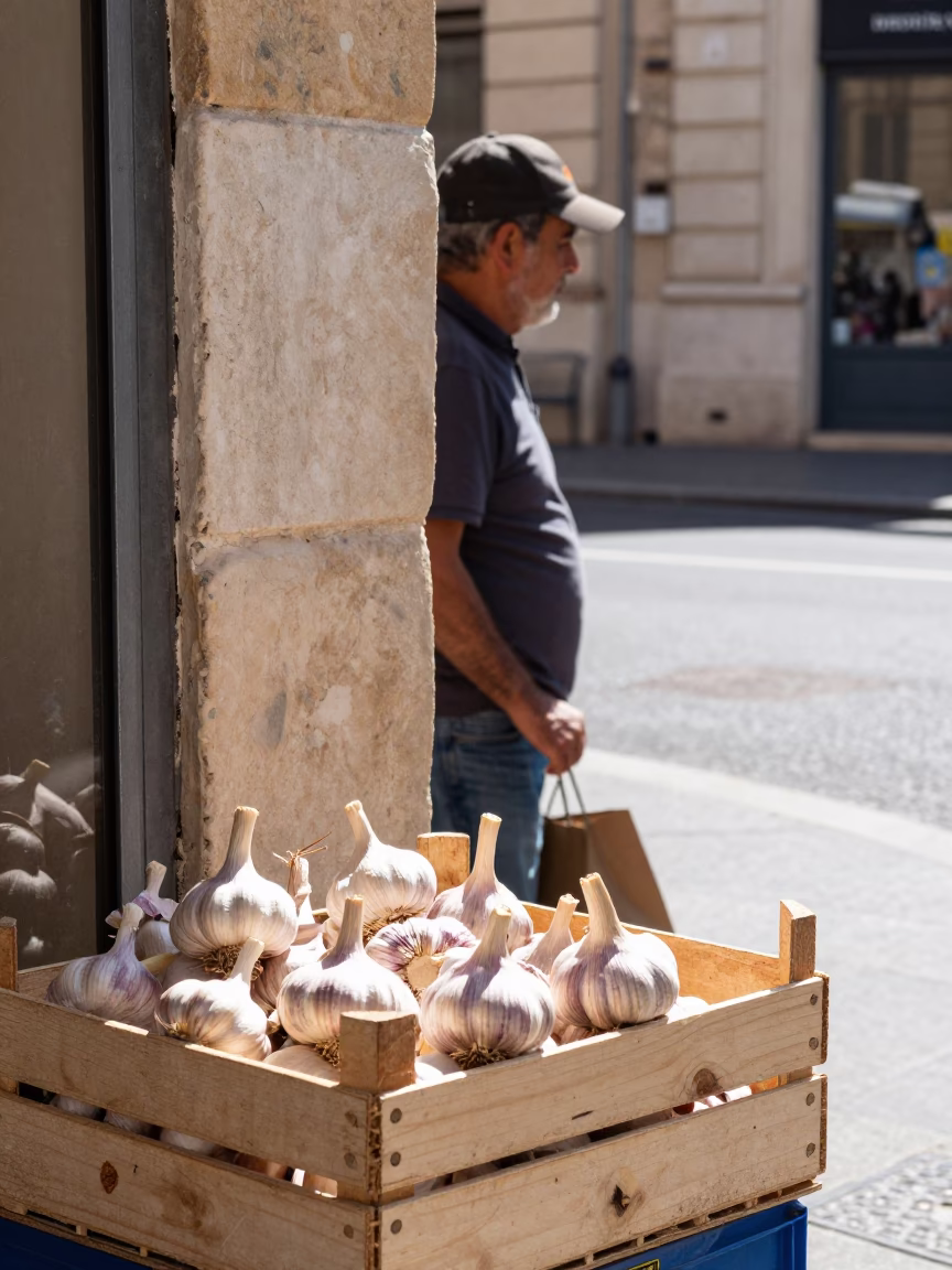 Bright Midmorning Street Scene in Marseille France with Garlic Bulbs in in Marseille, France
