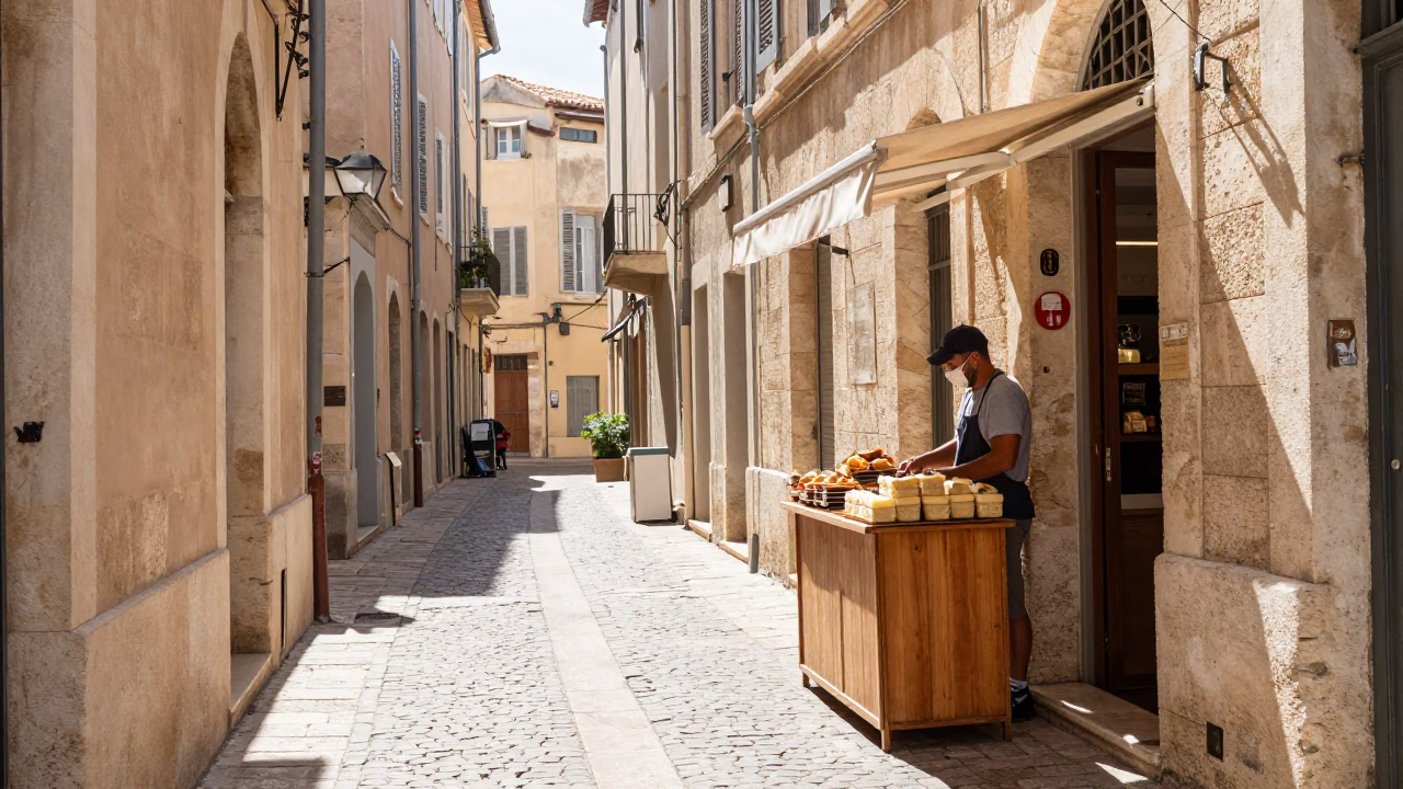 Bright Midmorning Street Scene in Marseille France with Local Bakery Details in in Marseille, France