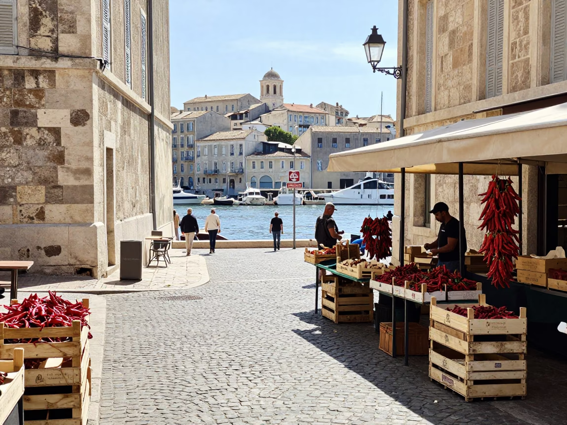 Bright Midmorning Street Scene in Marseille France with Local Market Details in in Marseille, France