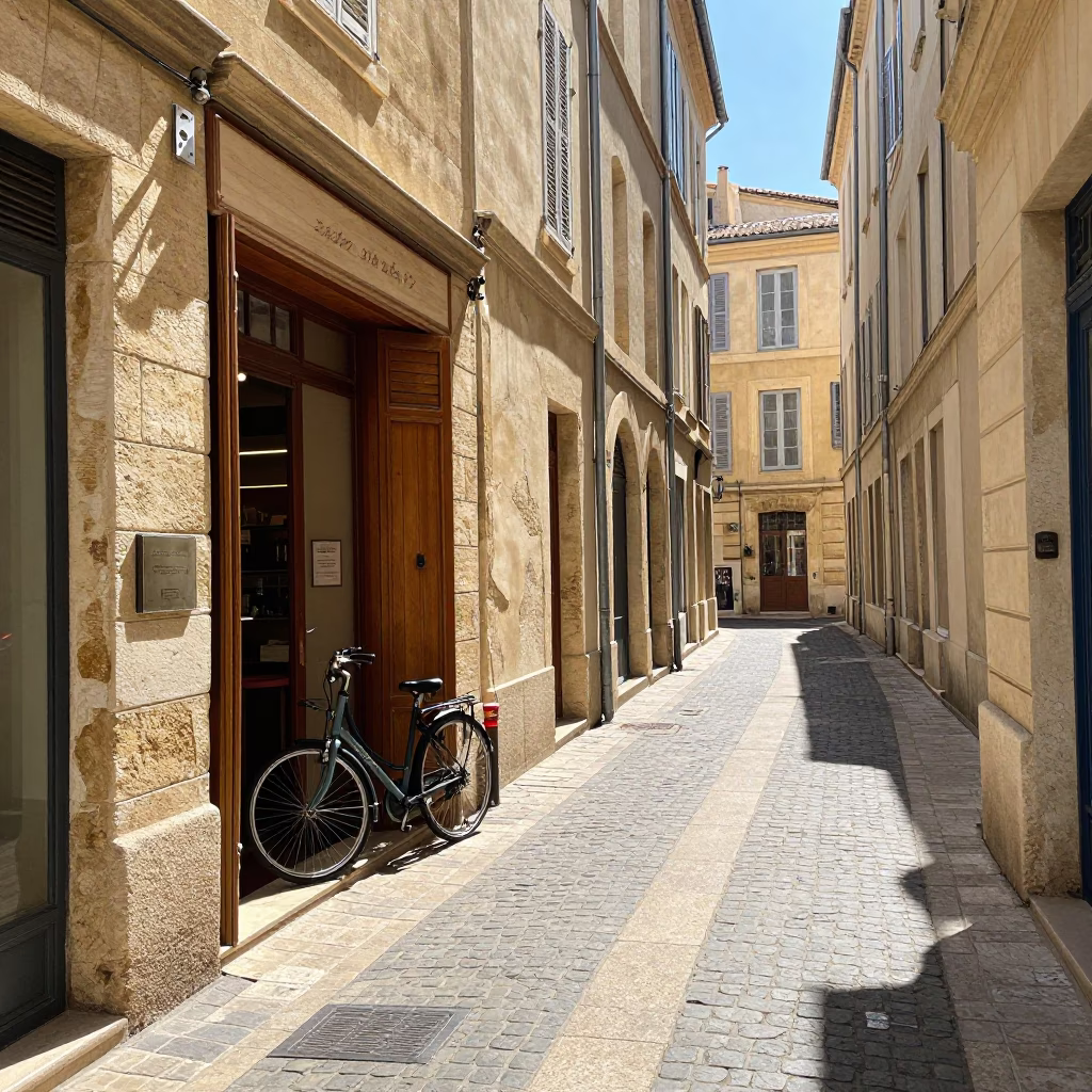 Bright Midmorning Street Scene in Marseille with Bicycle and Local Cafe Details in in Marseille, France