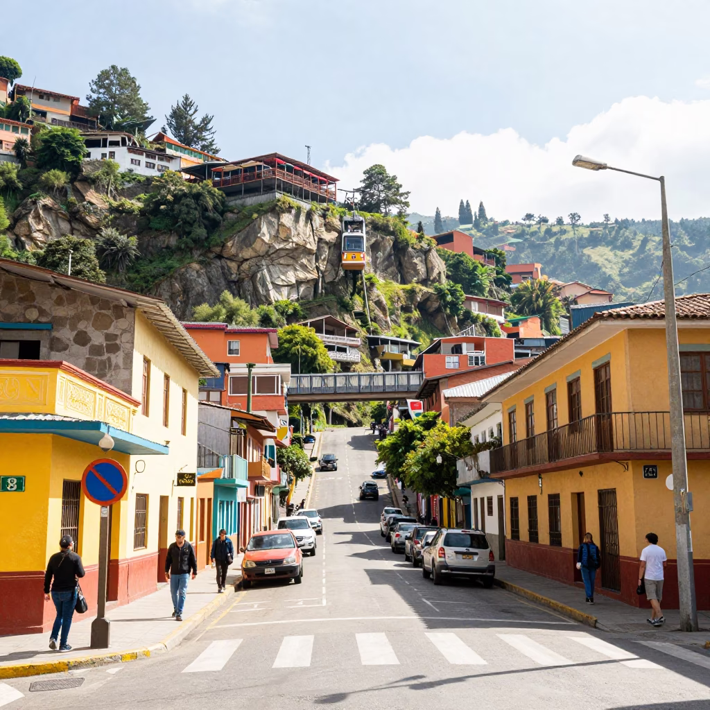 Bright Midmorning Street Scene in Medellin Colombia with Funicular and Bridge Maintenance in in Medellin, Colombia