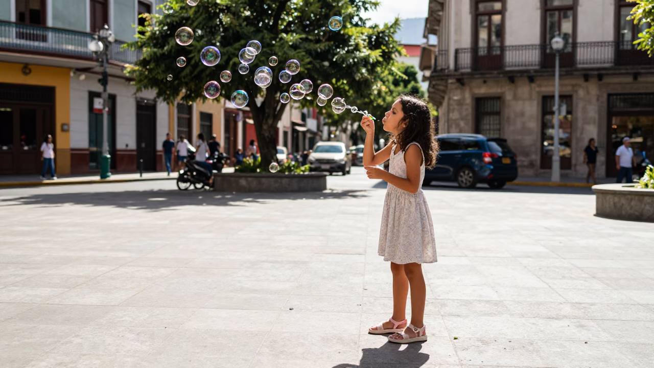 Bright Midmorning Street Scene in Medellin Colombia with Girl Blowing Bubbles in in Medellin, Colombia
