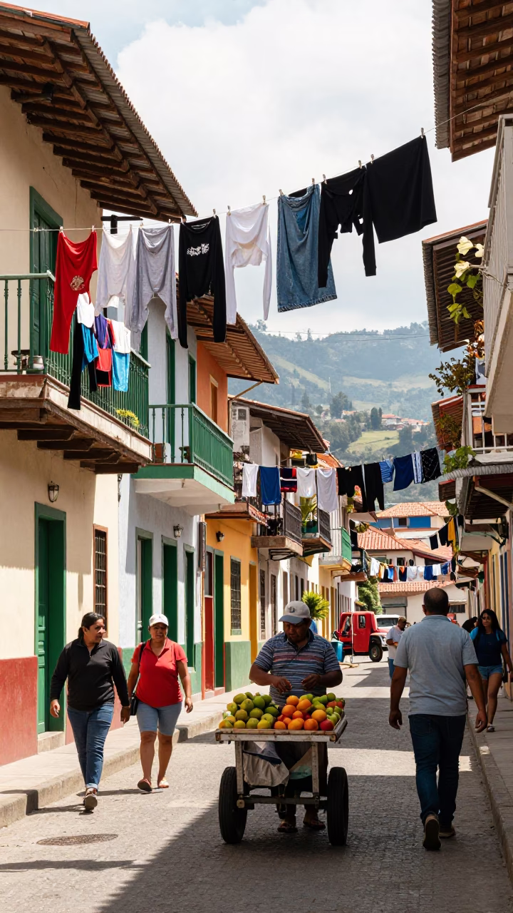 Bright Midmorning Street Scene in Medellin Colombia with Laundry and Daily Life in in Medellin, Colombia