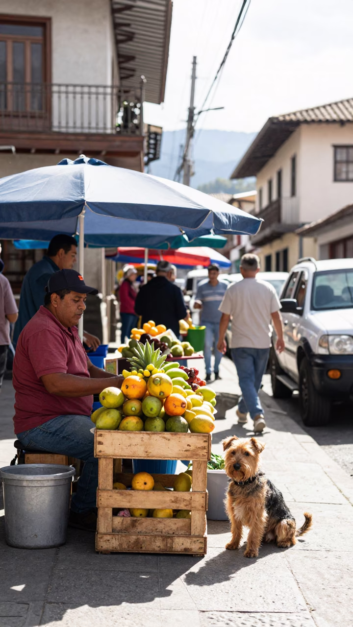 Bright Midmorning Street Scene in Medellin Colombia with Local Market Activity in in Medellin, Colombia