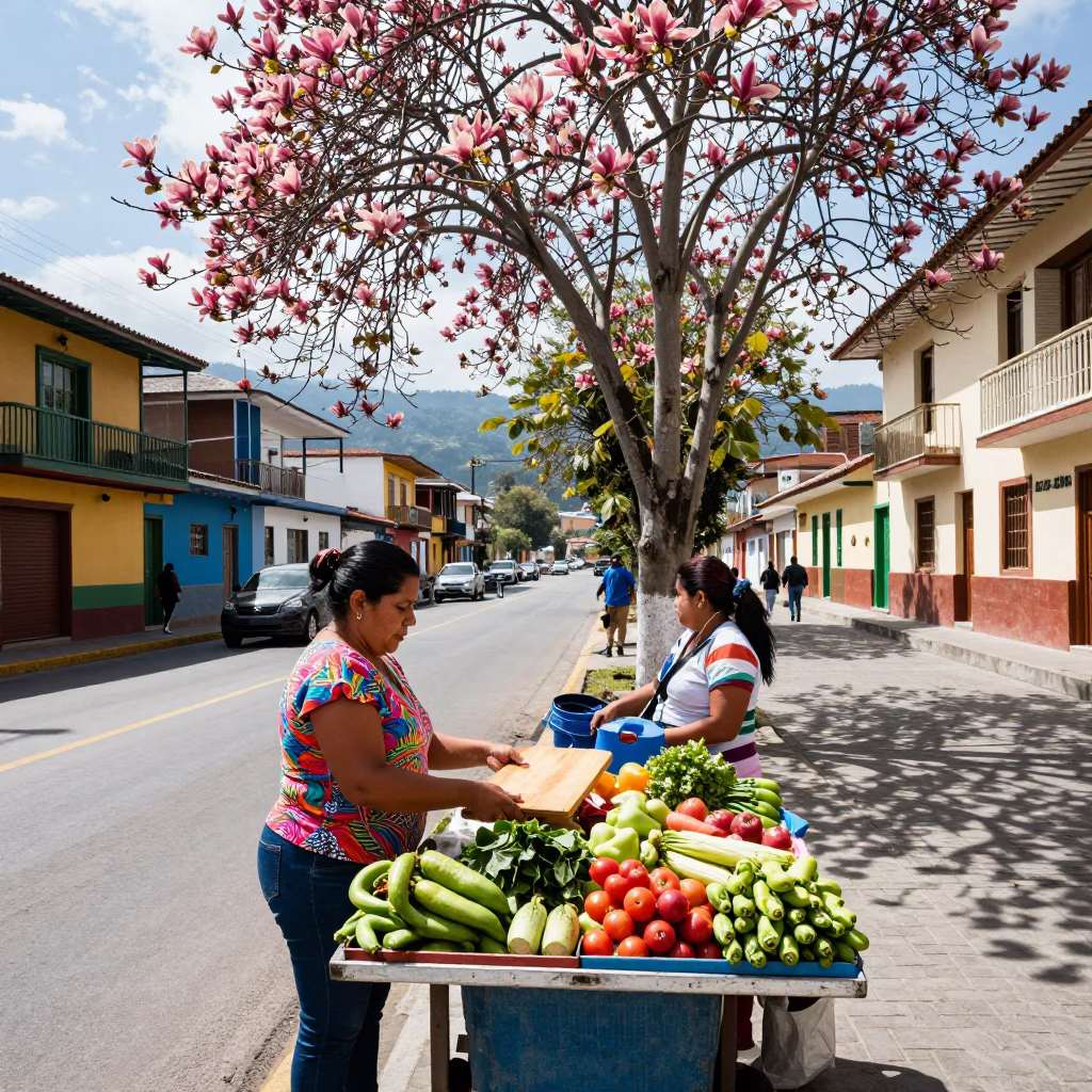 Bright Midmorning Street Scene in Medellin Colombia with Magnolia Tree Bloom in in Medellin, Colombia